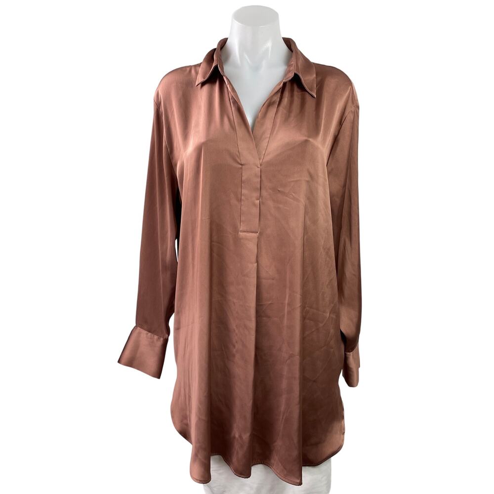 H&M Womens Brown Silky Satin Collared Long Sleeve Oversized Tunic Shirt Top Sz S